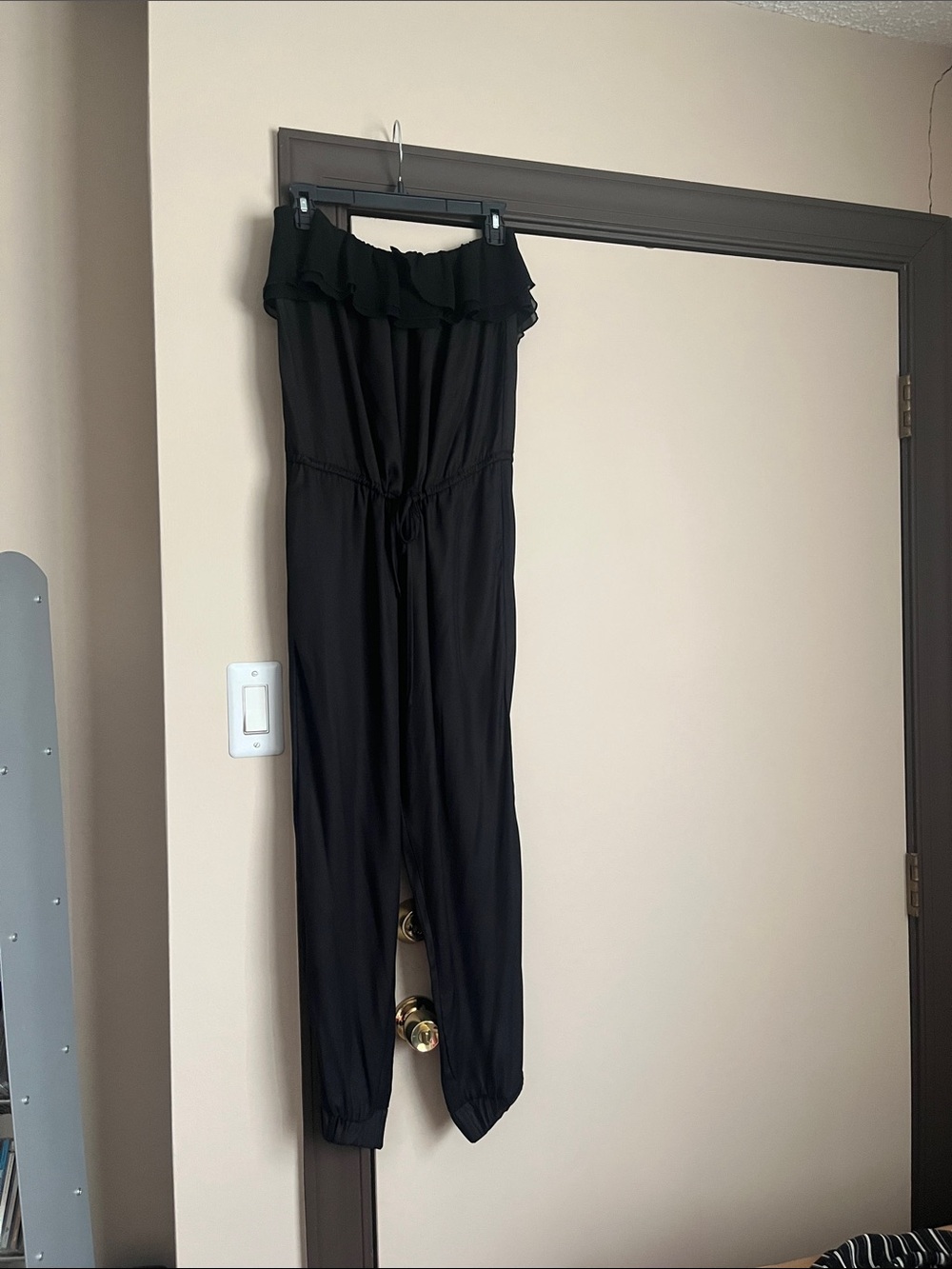 Women's Black Strapless Ruffle-Top Jumpsuit